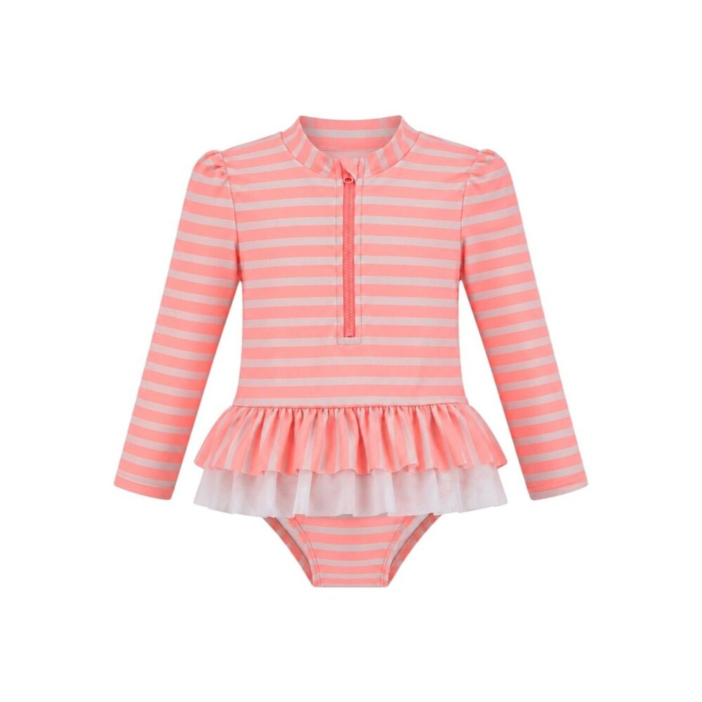 Cat & Jack Kids Coral Orange White Stripes Ruffles 1 One Piece Swimsuit Girls 5T